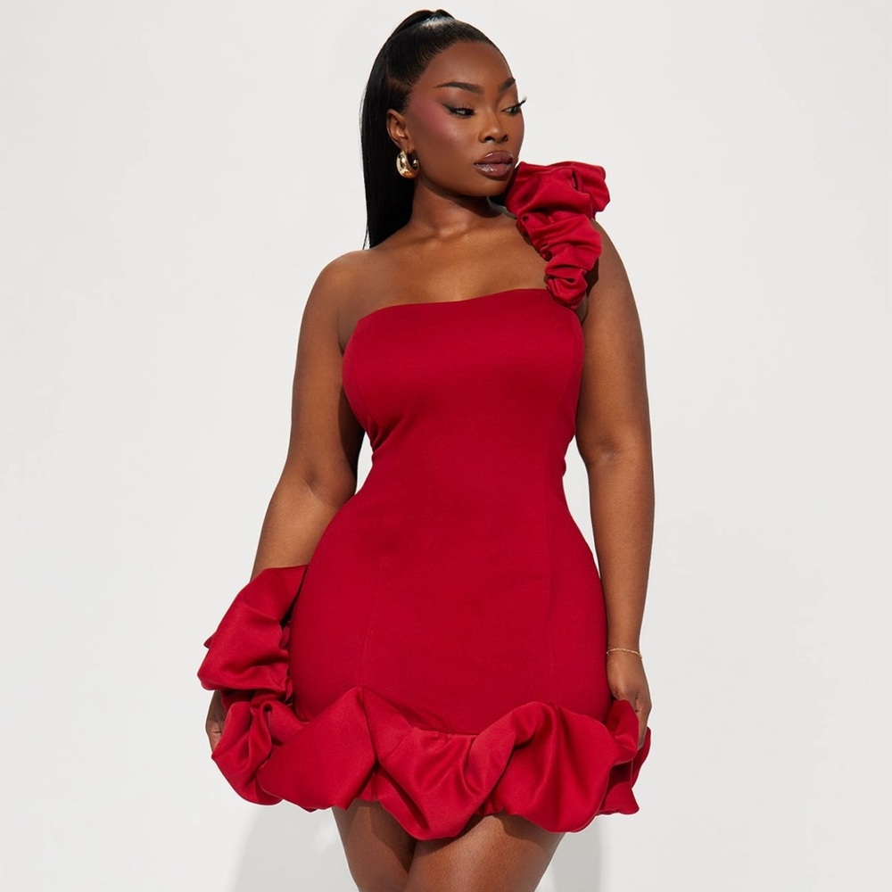 Red Ruffled One-Shoulder Cocktail Mini Dress
